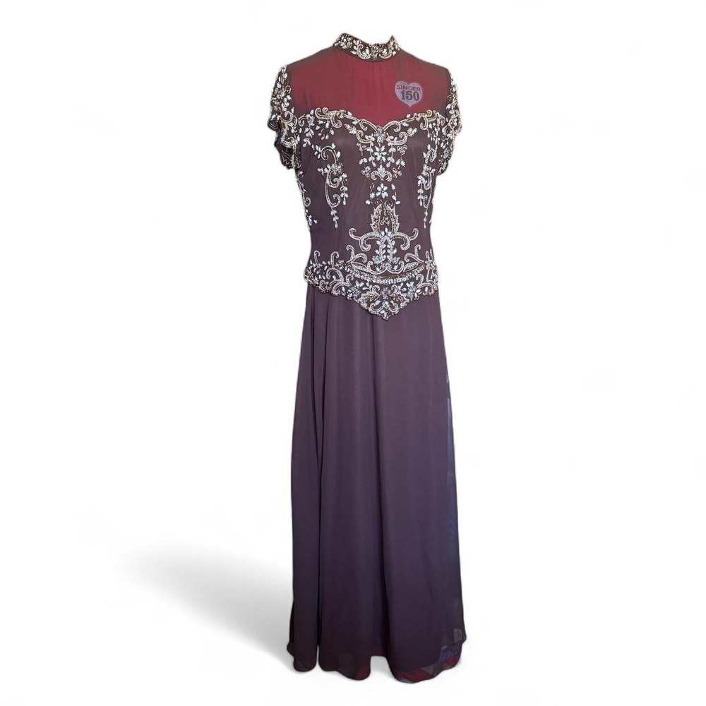 J Kara Brown Beaded Mock Neck Illusion Formal Gown Dress 10